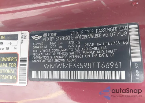 2008 Mini Cooper from USA, damaged, VIN WMWMF33598TT66961